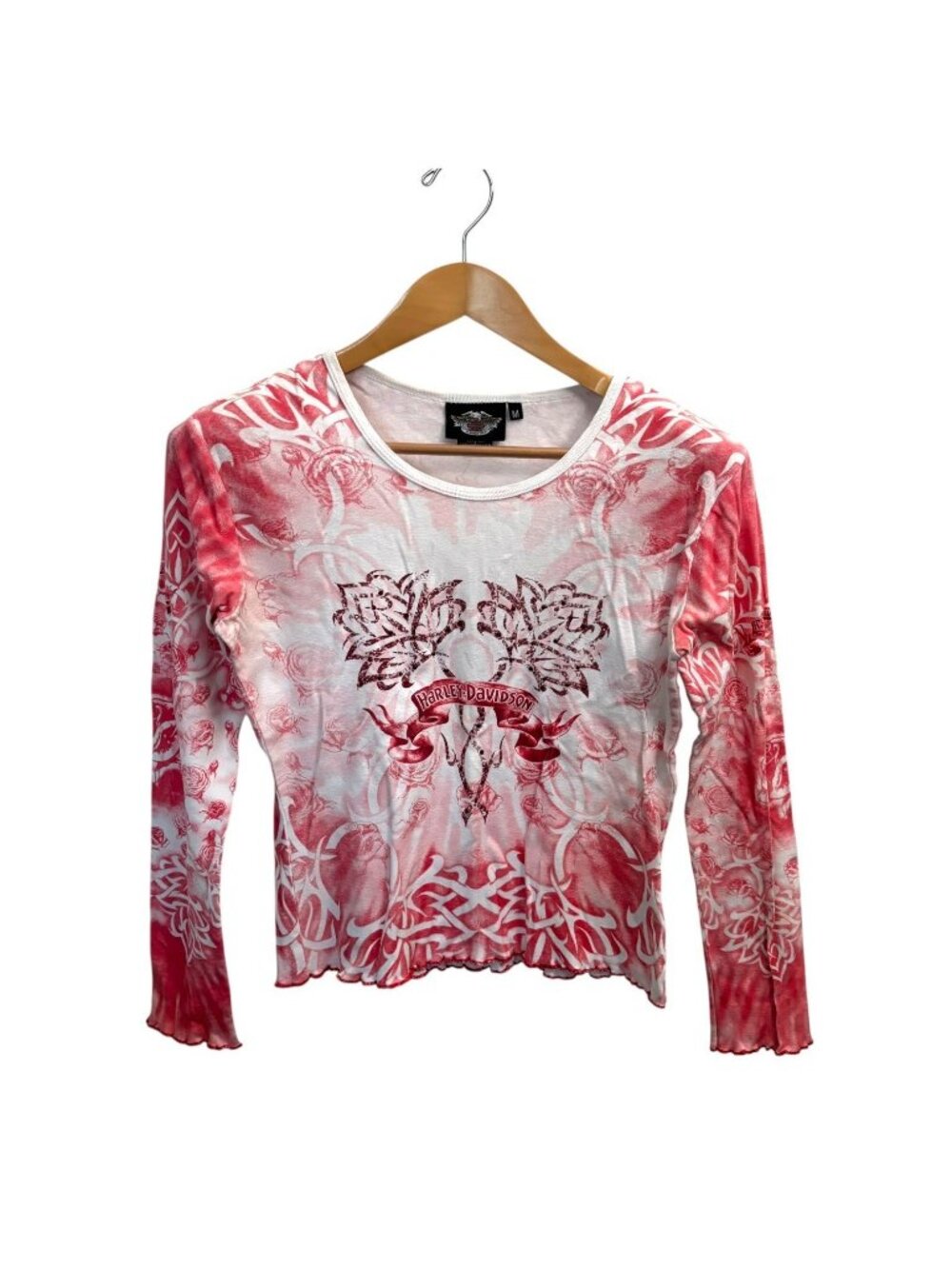 Vintage Y2K Harley-Davidson Rose Tribal Tattoo Print Tee M Rhinestone Top Biker